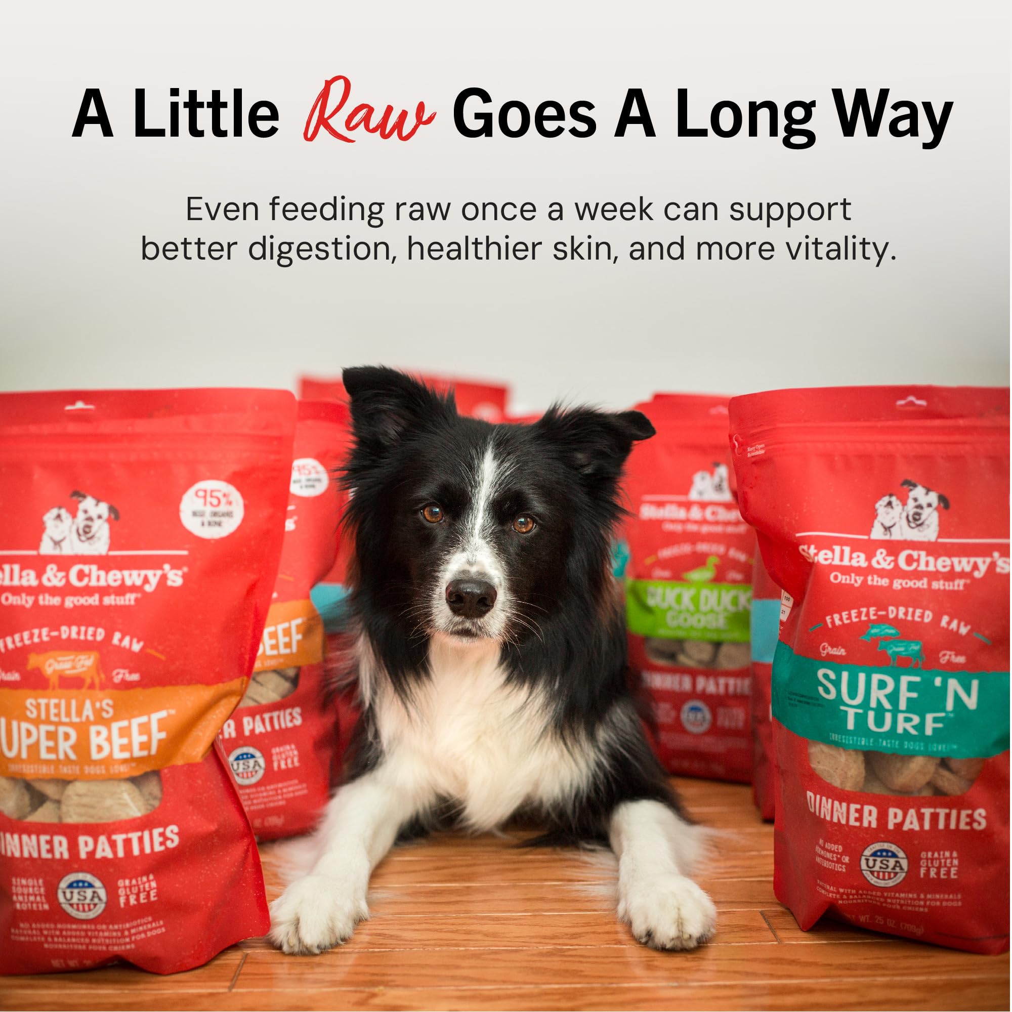 Stella & Chewy's grain-free patty slice emphasizes probiotic-enhanced formula for digestion support.