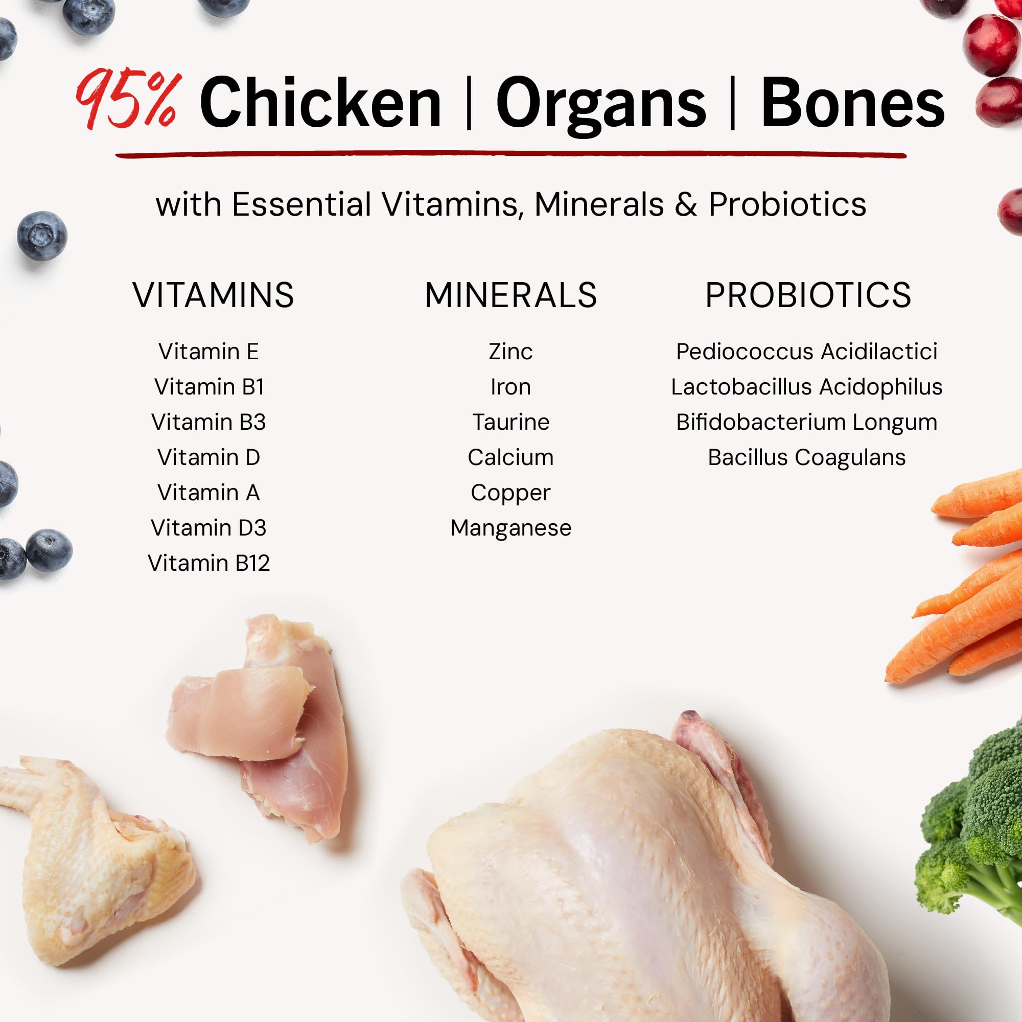 Stella & Chewy's ingredients highlight organic fruits and vegetables with chicken.