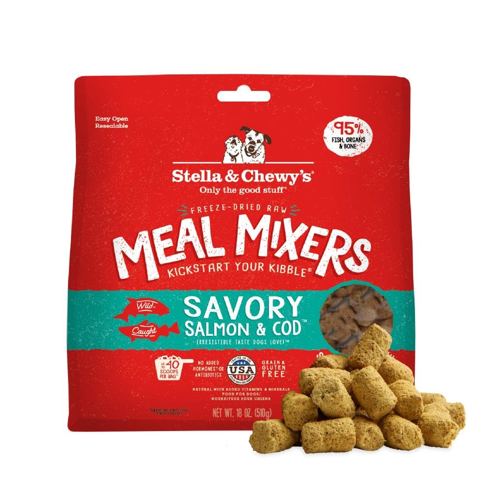 Stella & Chewy's packaging shows premium 95% wild-caught salmon and cod for nutrition.