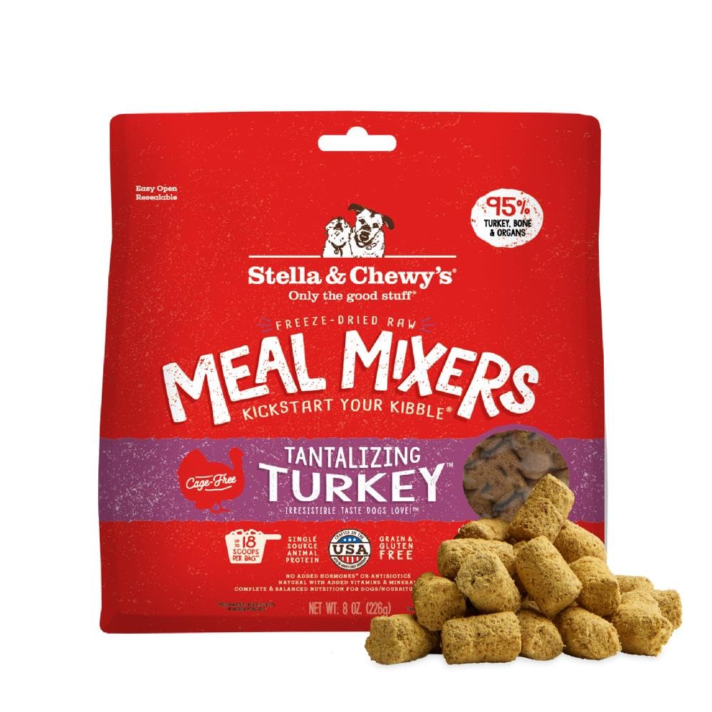 Stella & Chewy's freeze-dried turkey meal mixers bag showing premium protein boost.