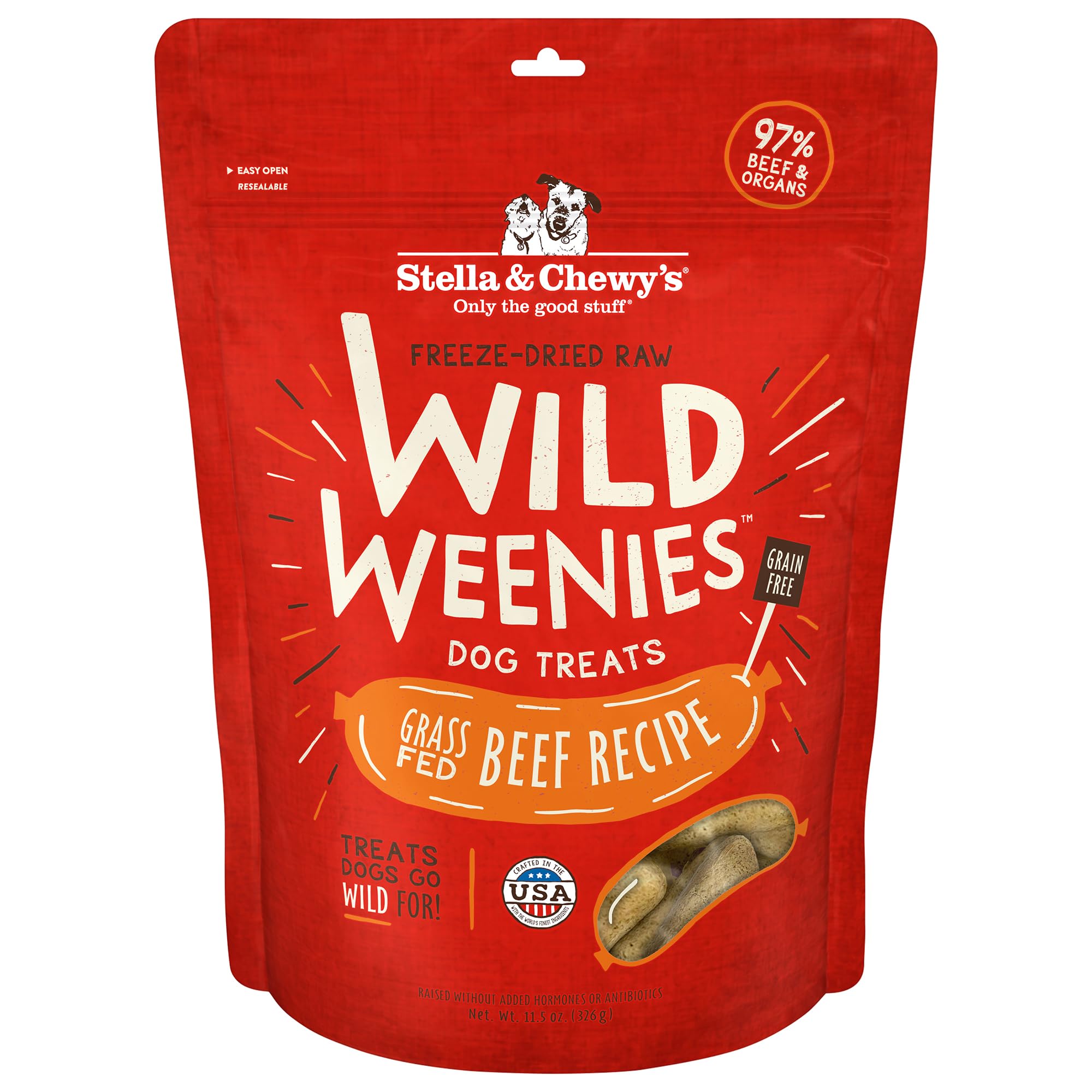 Stella & Chewy's Wild Weenies bag closeup shows grain-free, protein-packed training rewards.
