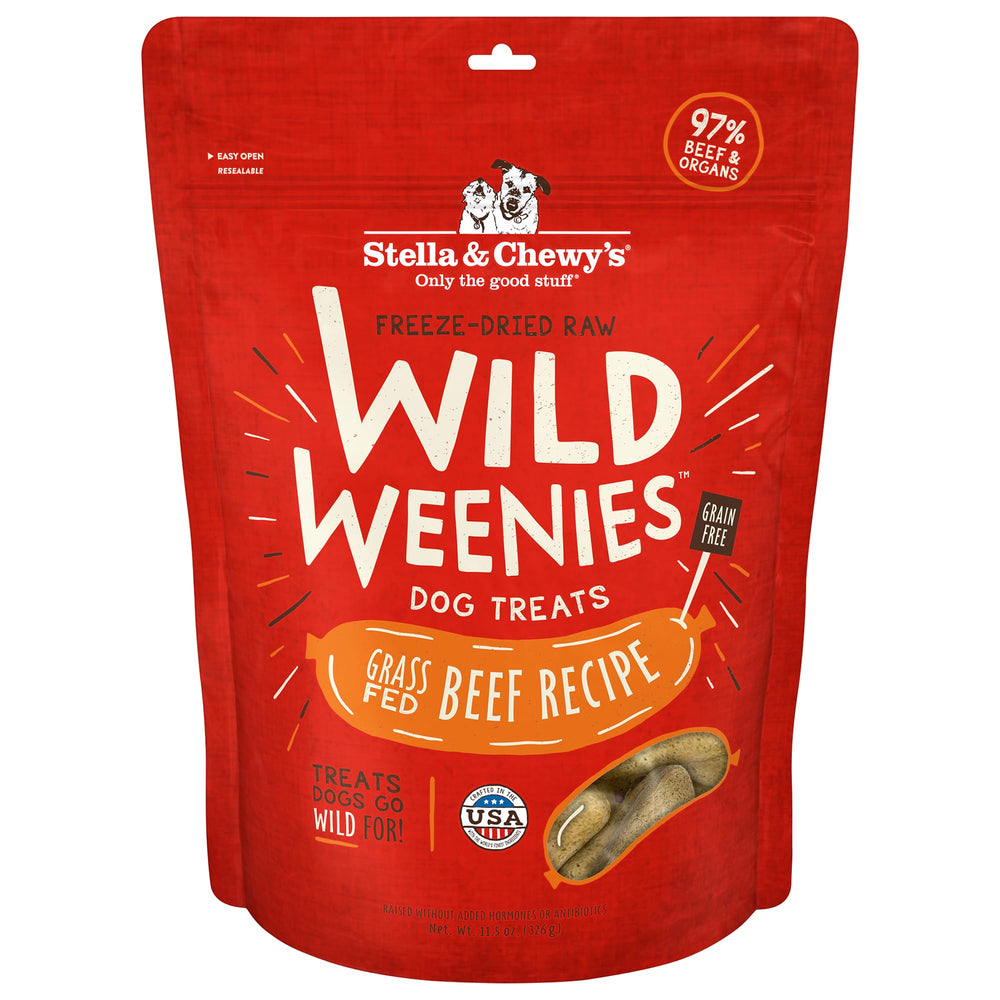 Stella & Chewy's Wild Weenies bag closeup shows grain-free, protein-packed training rewards.