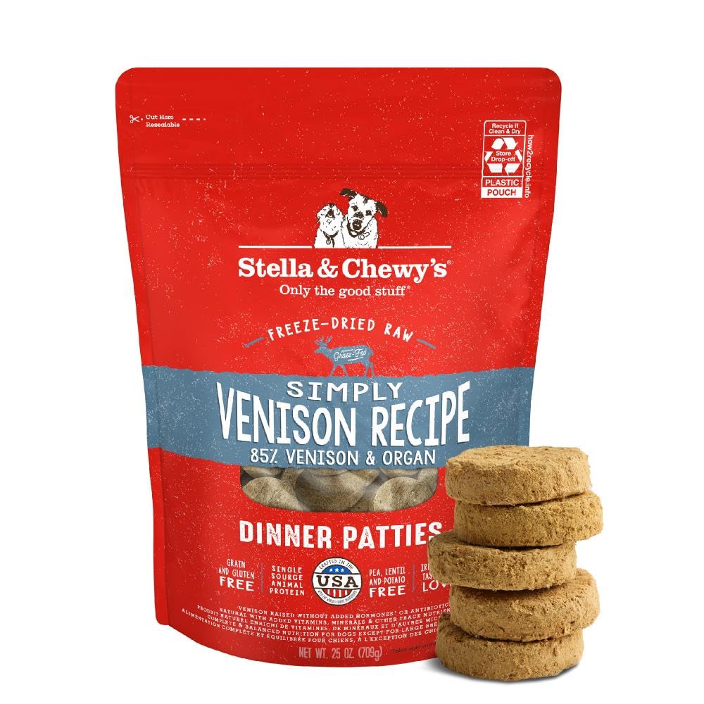 Stella & Chewy's Simply Venison Patties packaging — premium freeze-dried dinner for picky eaters.