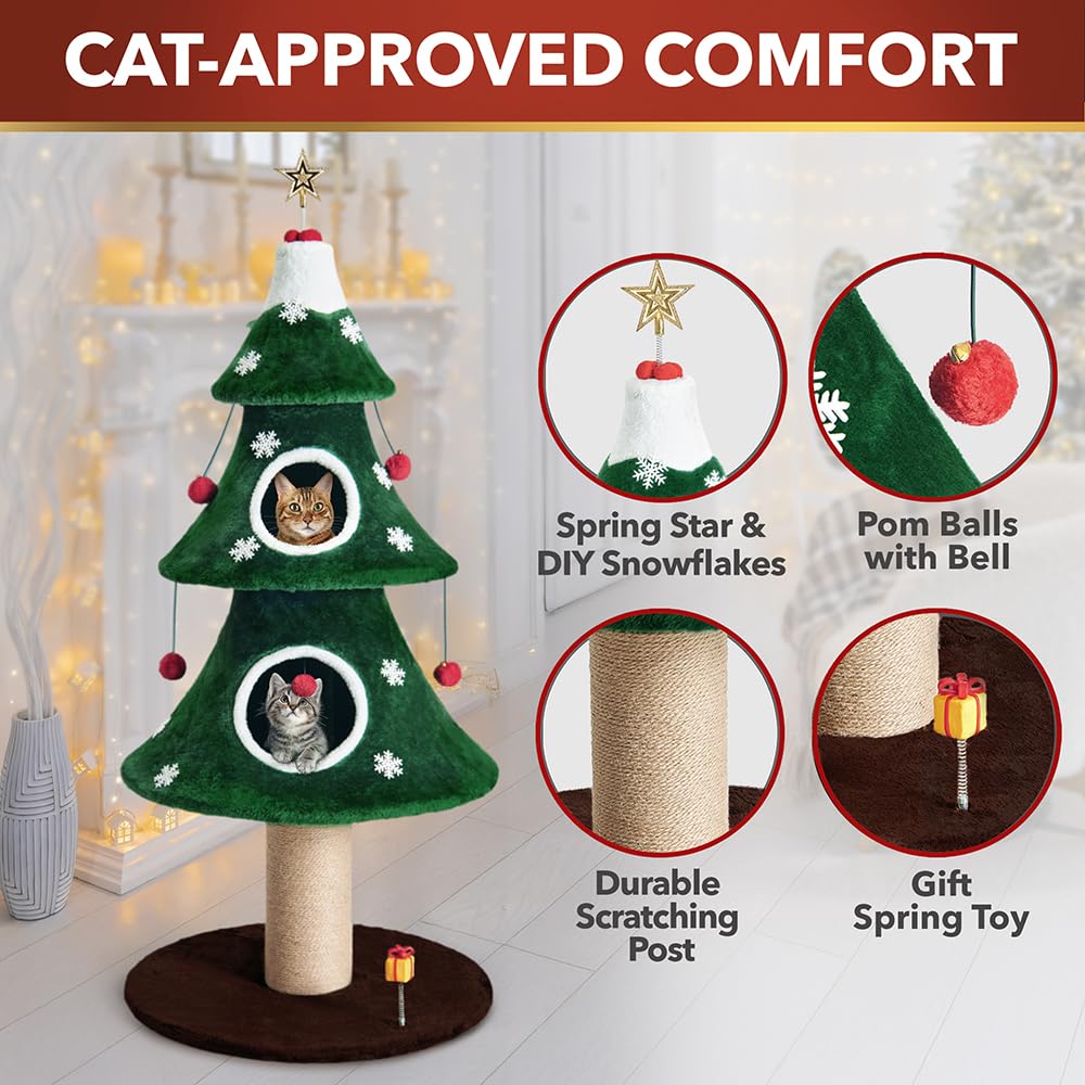 Stephan Roberts cat Christmas tree alpine plush condo provides cozy nap sanctuary