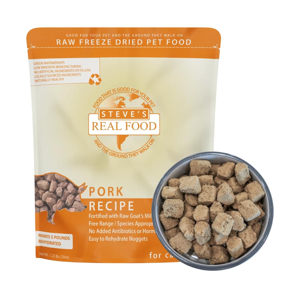 Steve's Real Food pork nuggets bag highlights convenient raw feeding for dogs and cats.