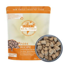 Steve's Real Food pork nuggets bag highlights convenient raw feeding for dogs and cats.