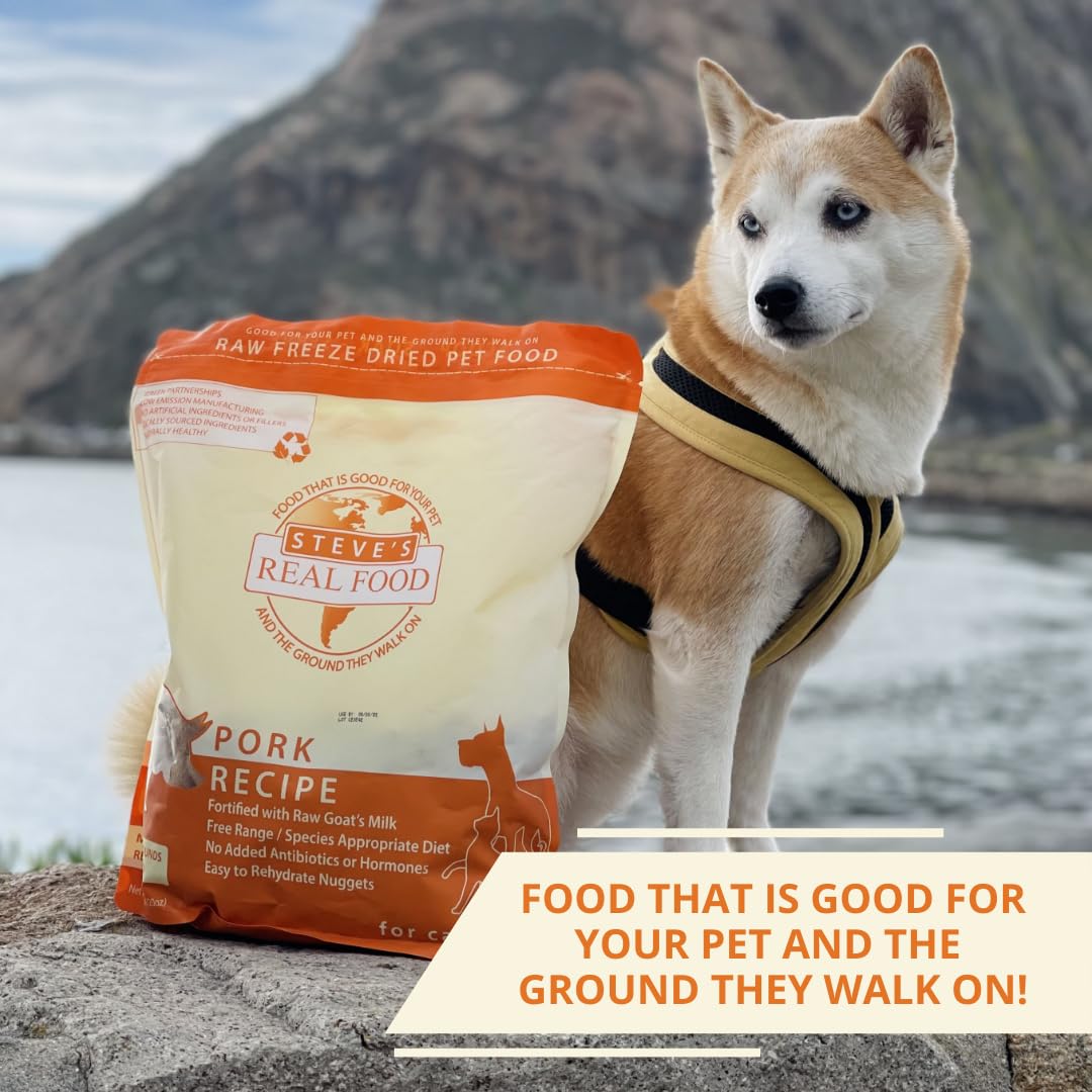 Steve's Real Food pork nuggets dog and cat product line illustrates versatile feeding options.