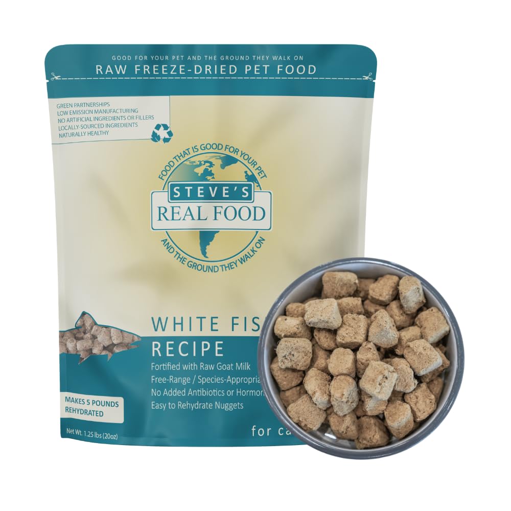 Steve's Real Food white fish nuggets in a bowl for dogs and cats.