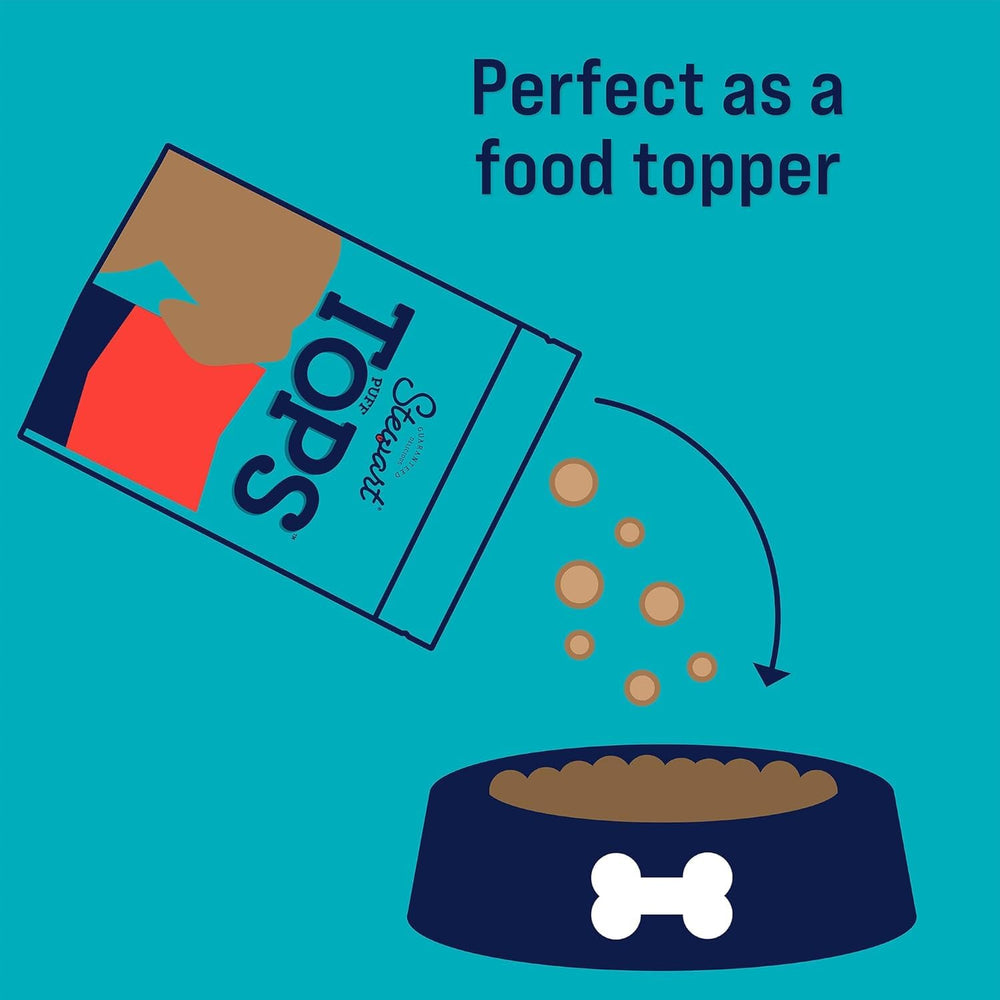 Stewart PuffTops dog meal-prep setup shows easy topping application