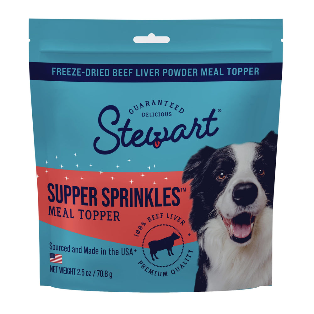 Stewart Supper Sprinkles beef liver topper over dog food boosts protein flavor.