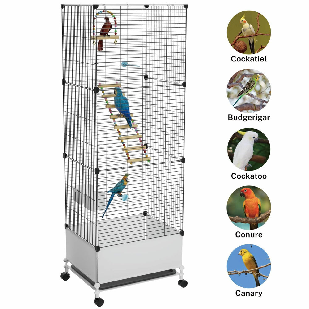 STILLCOVE parrot cage includes perches, ladder, and swing for interactive enrichment.