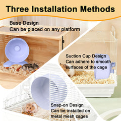 Stinzgie hamster wheel assembly-methods shows three mounting options for cages.