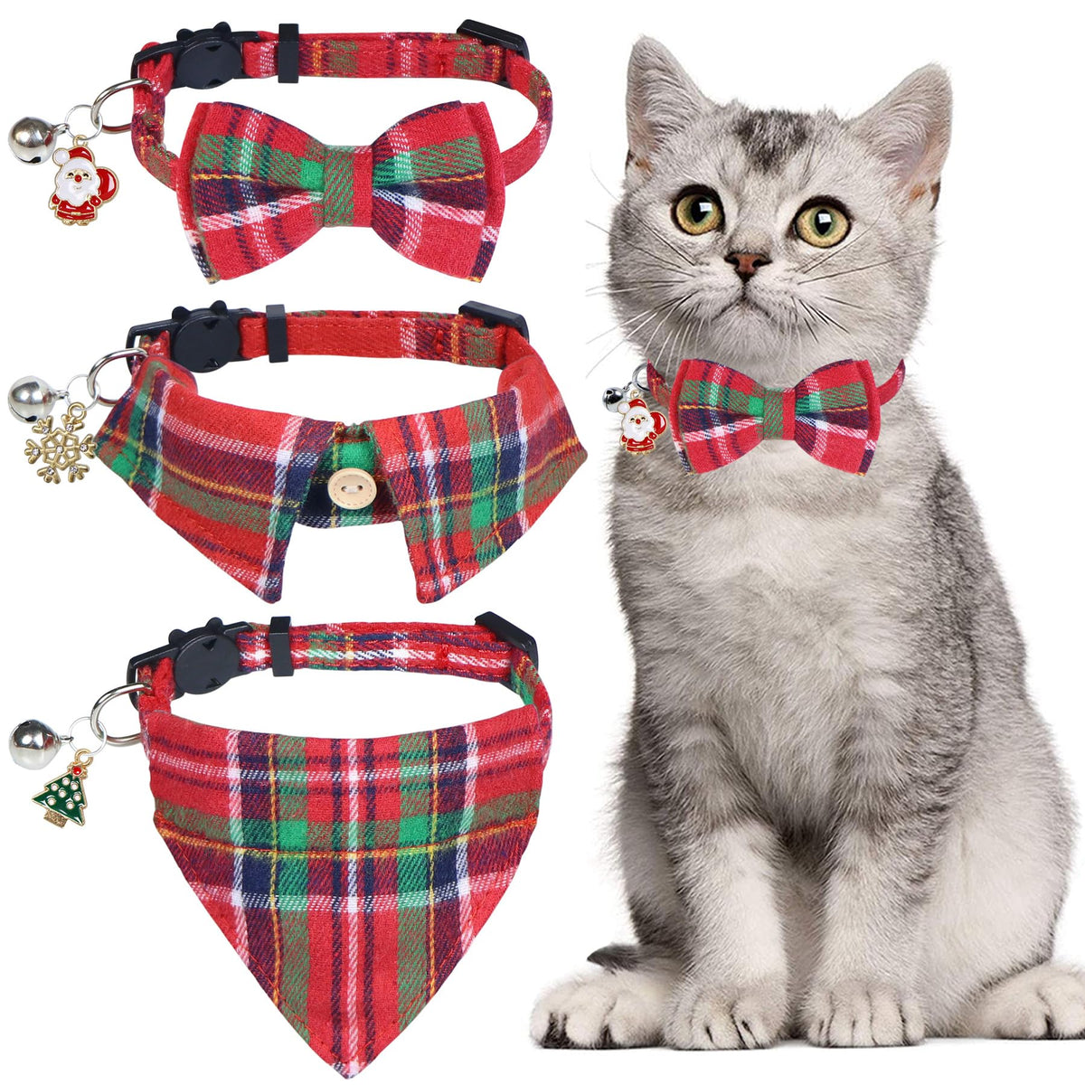 STMK Christmas cat collar bow tie bell close-up shows festive safety and adjustable fit.