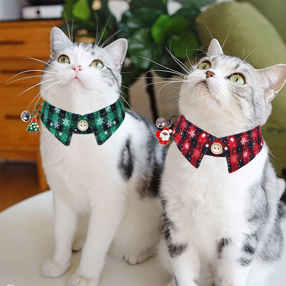 STMK Christmas cat collar green plaid with bell for daily wear.