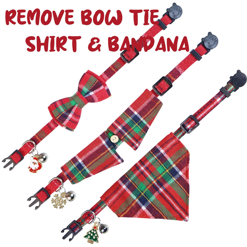 STMK Christmas cat collar shirt with bell and snowflake ornament on model.