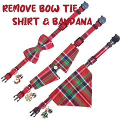 STMK Christmas cat collar shirt with bell and snowflake ornament on model.