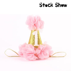 Stock Show pet birthday cone hat pink top view with flower accessory for party fun