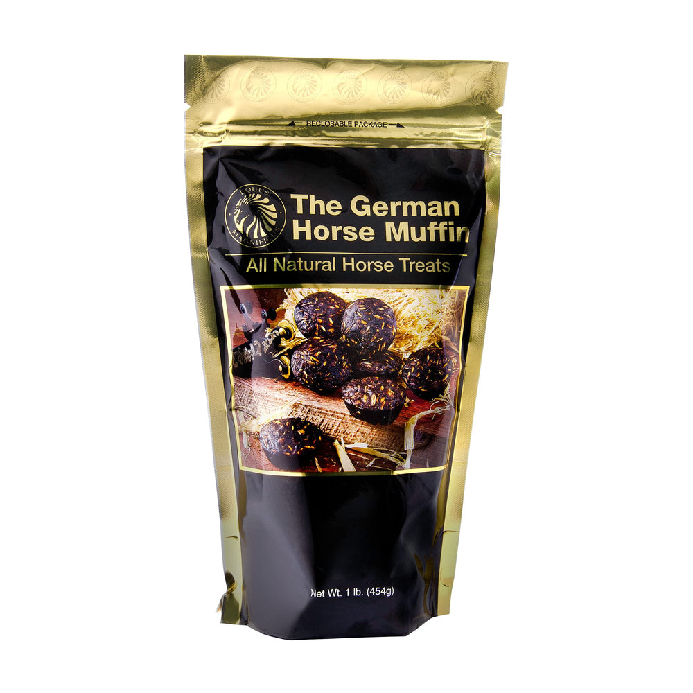 STONEMUSLE German Horse Muffin 1lb packaging—natural treats for training rewards.