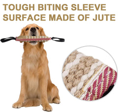 Storystore dog tug toy jute sleeve closeup highlighting durable natural fibers