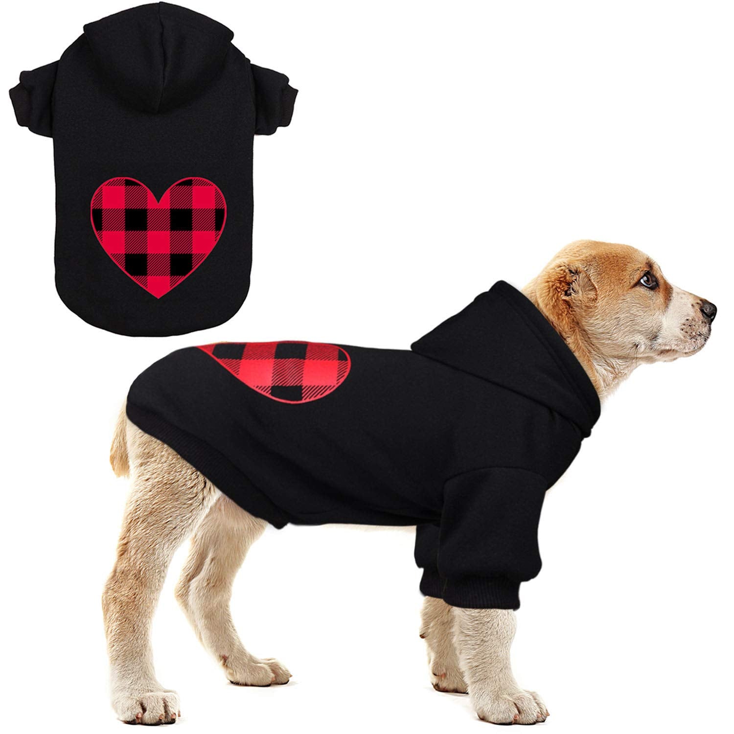 Stpiatue dog hoodie with heart buffalo print for stylish warmth on medium dogs