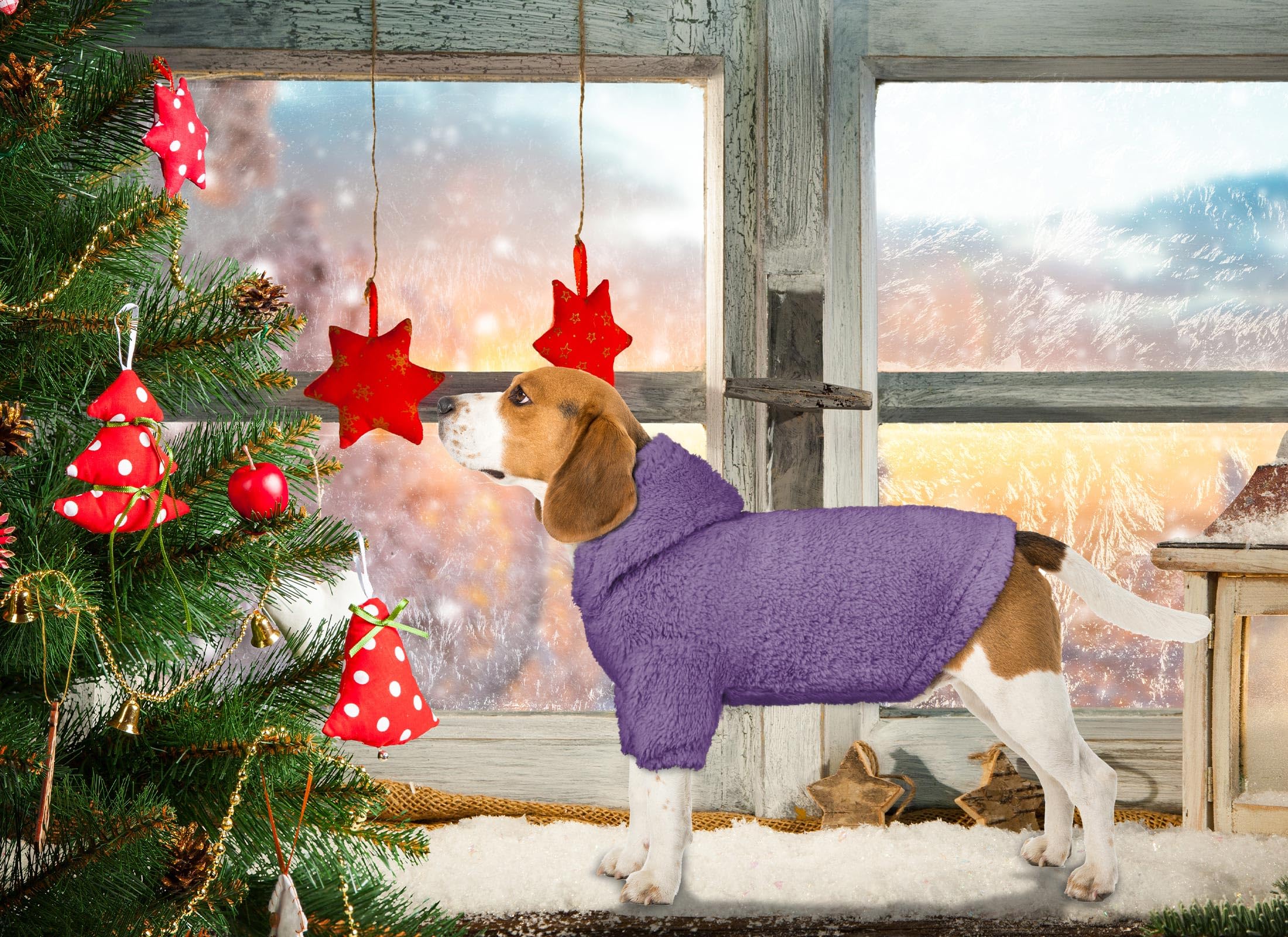 Stpiatue dog hoodie side angle shows cozy fleece and stretchable cuffs for comfy movement.