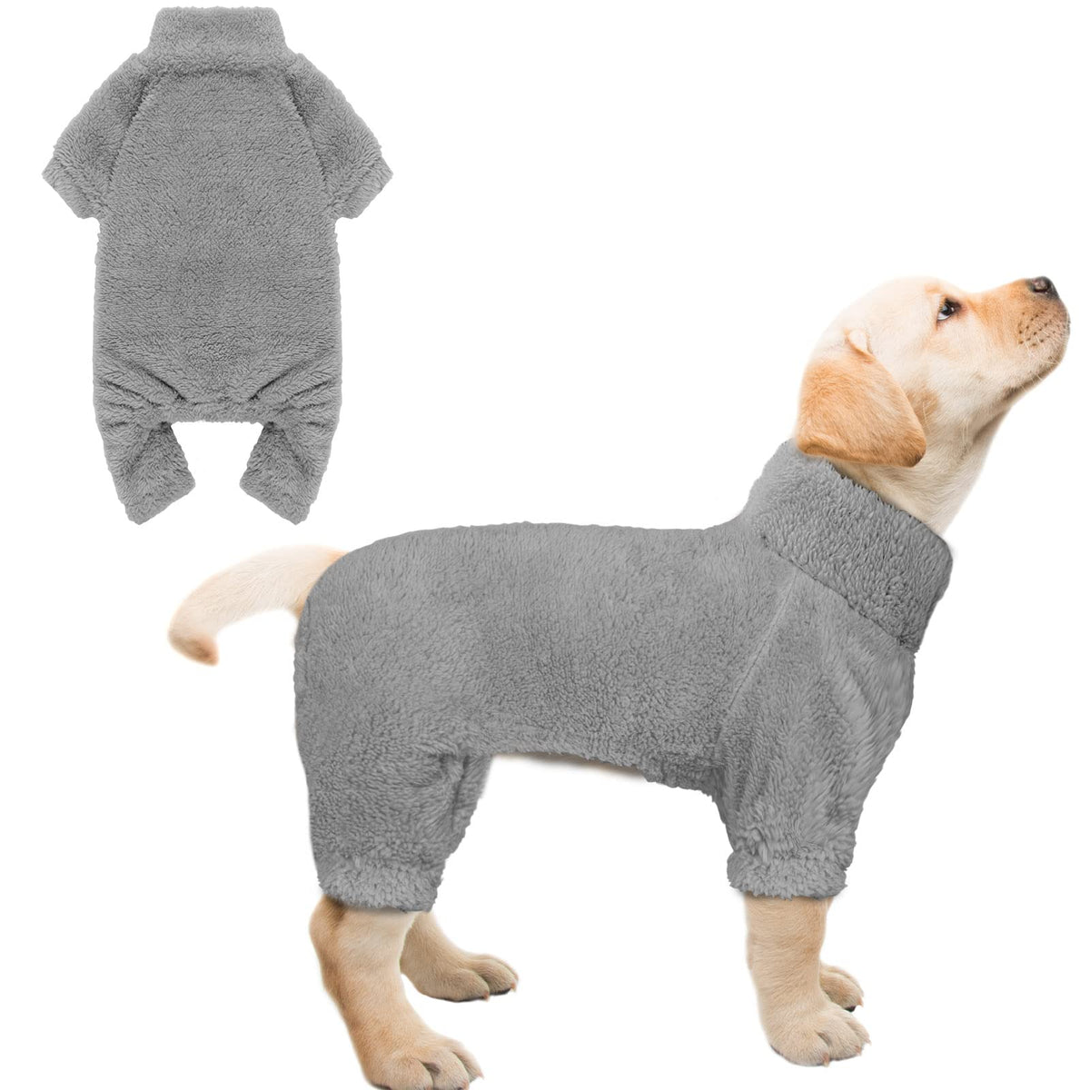 Stpiatue fuzzy dog pajamas grey S front view showing warm sherpa fleece for cozy warmth.