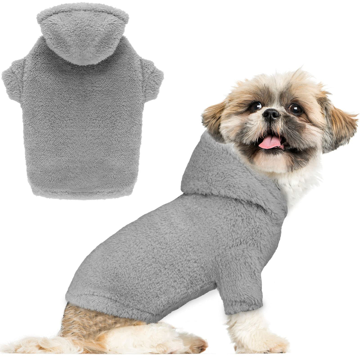 Stpiatue fuzzy dog sweater grey S front view showing warm plush fleece