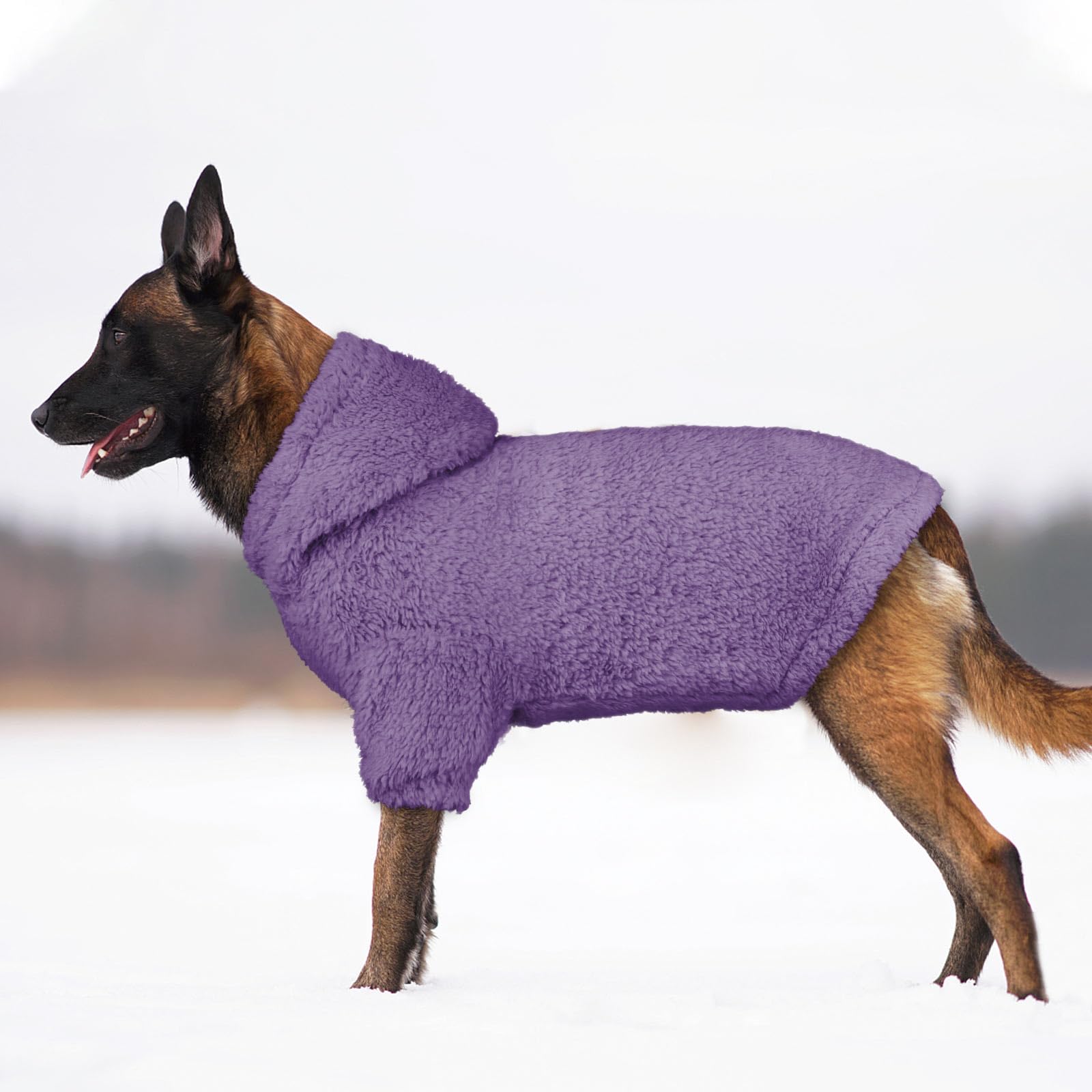 Stpiatue fuzzy dog sweater large purple-l model wearing demonstrates cozy outer layer