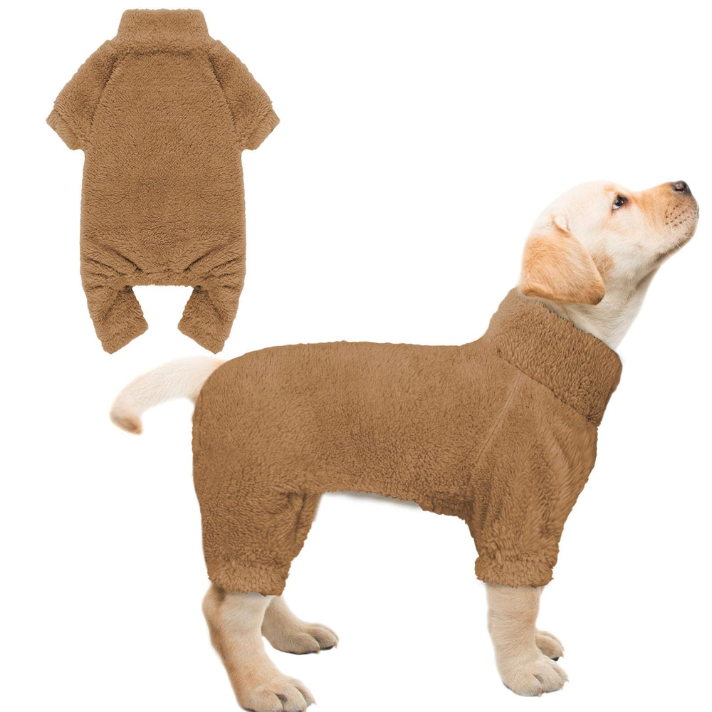 Stpiatue fuzzy dog pajamas with turtleneck in Coffee-S showing warm plush fabric