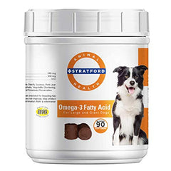 Stratford EZ Chew Omega-3 bottle showing dog-friendly soft chews for joint support.