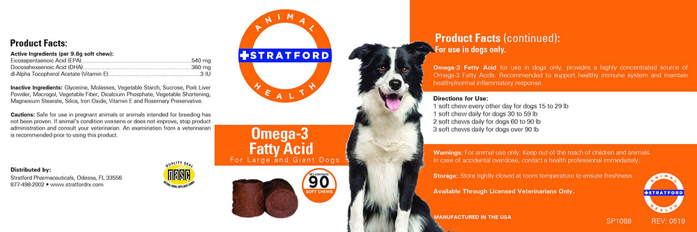 Stratford EZ Chew Omega-3 soft chew close-up highlighting omega-rich nutrition for itchy skin relief.