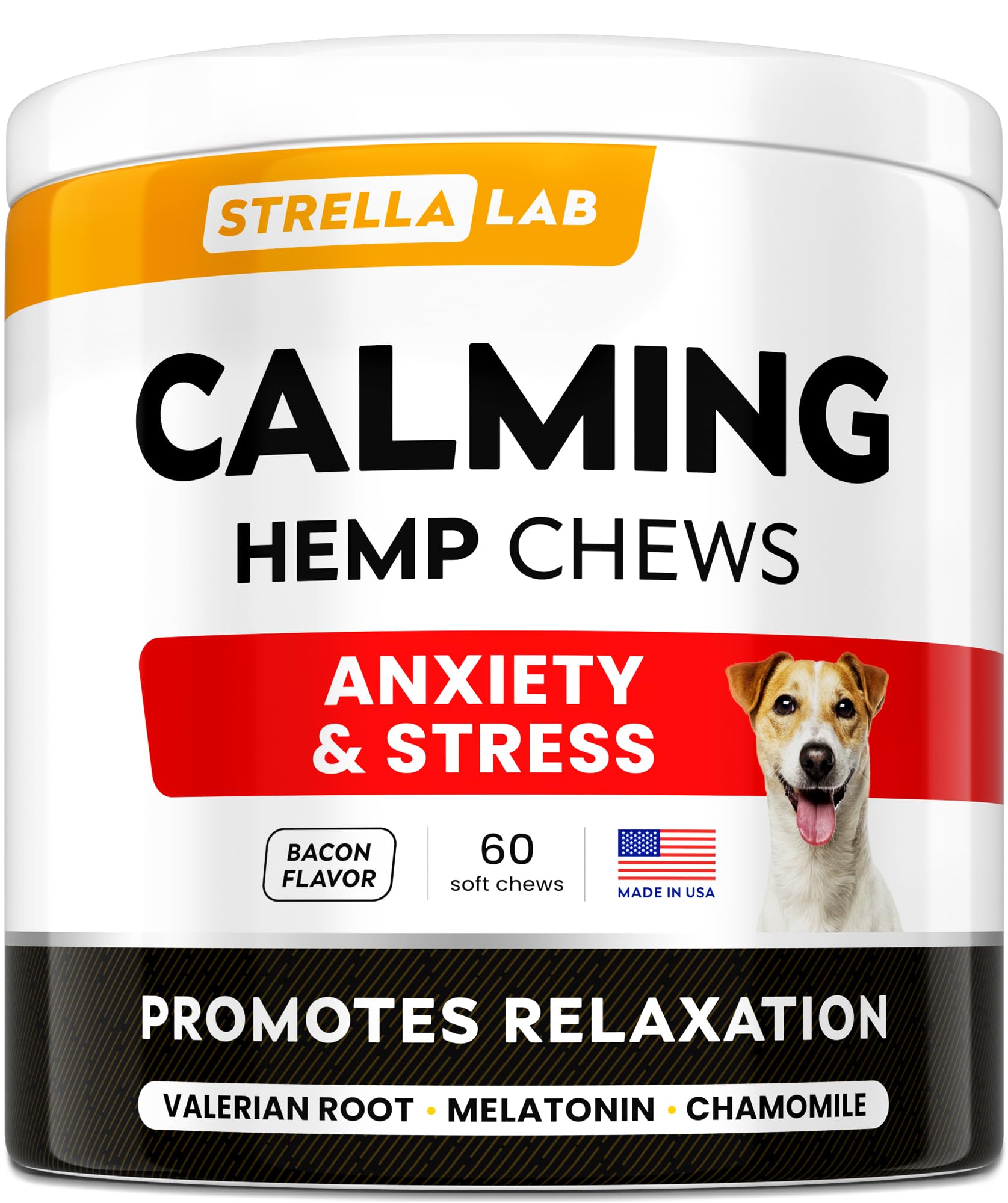 STRELLALAB Advanced Calming Chews bacon bottle image promotes calmer moments during fireworks.