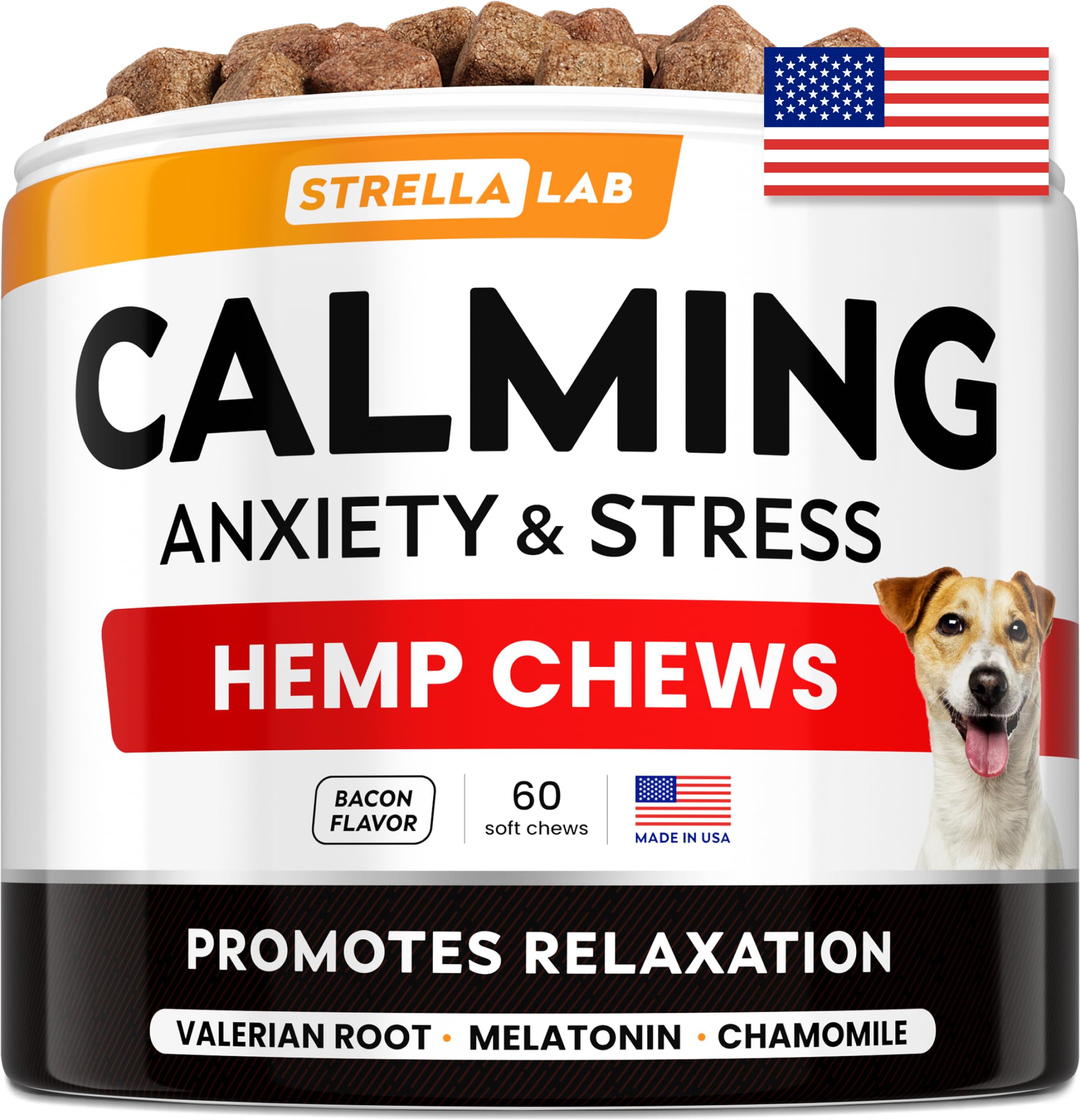STRELLALAB Advanced Calming Chews packaging highlights a USA made calming solution for dogs