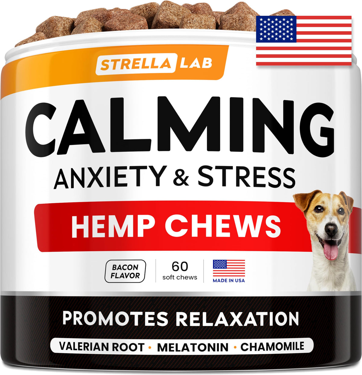 STRELLALAB Advanced Calming Chews packaging highlights a USA made calming solution for dogs
