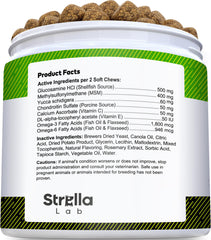 STRELLALAB advanced mobility dog treats pack showcases versatile canine joint support.
