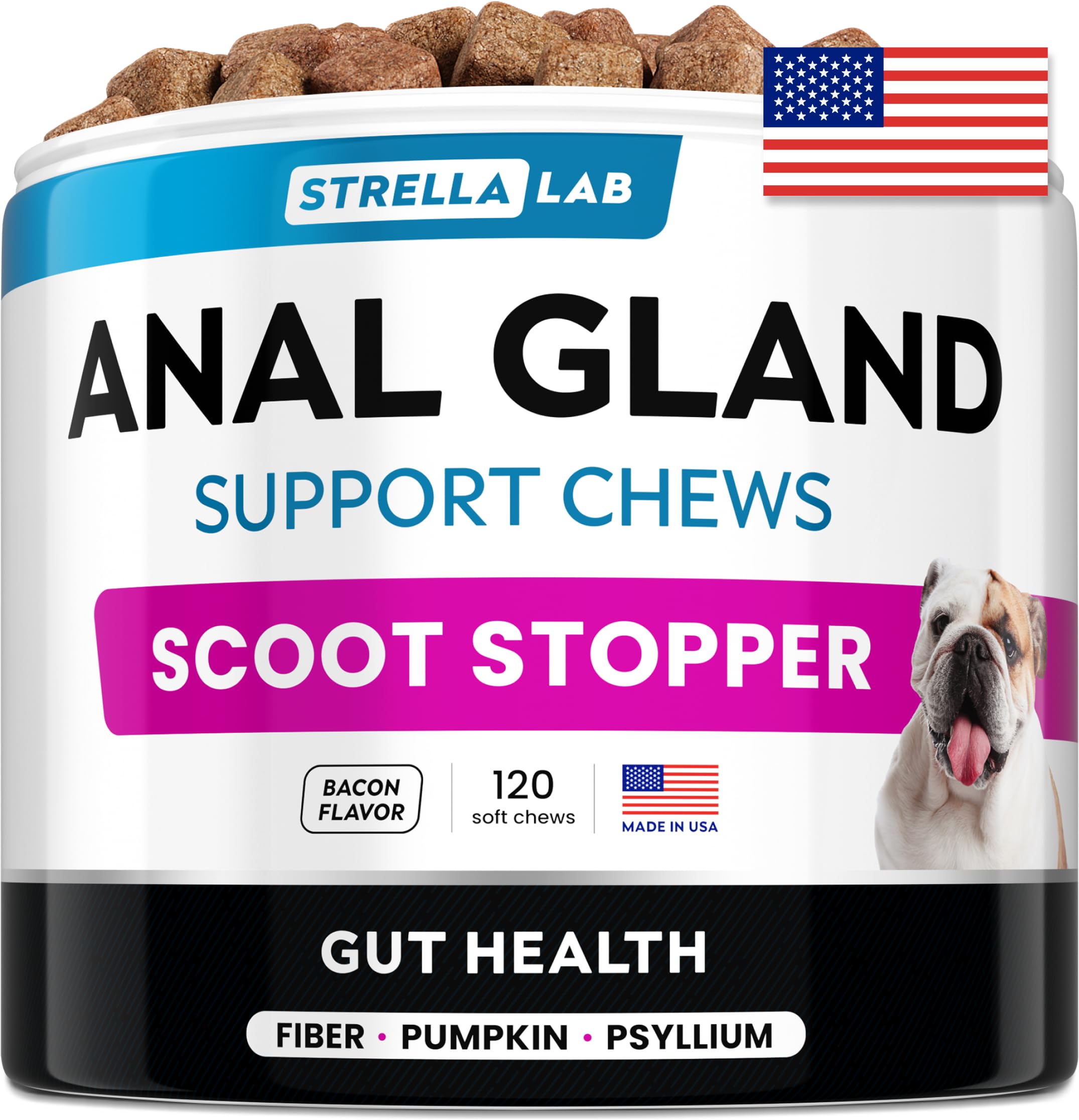 STRELLALAB Anal Gland Support Chews packaging highlights premium natural ingredients for dogs.
