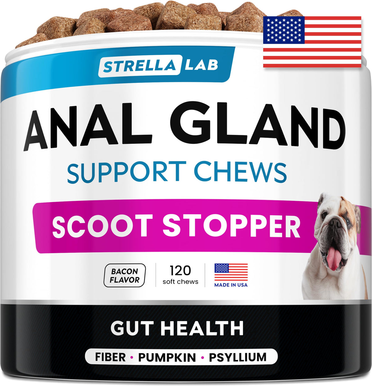 STRELLALAB Anal Gland Support Chews packaging highlights premium natural ingredients for dogs.