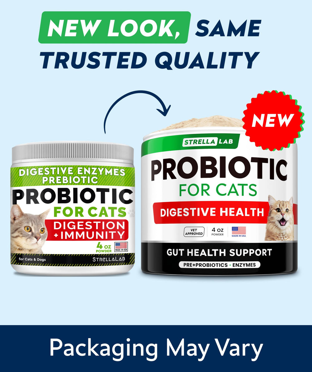 StrellaLab Cat Probiotic Powder jar showing a two-month supply value