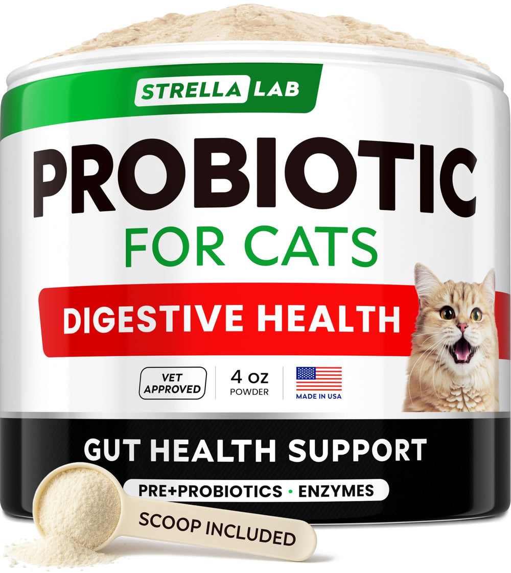 StrellaLab Cat Probiotic Powder tub with clean label promoting digestive support