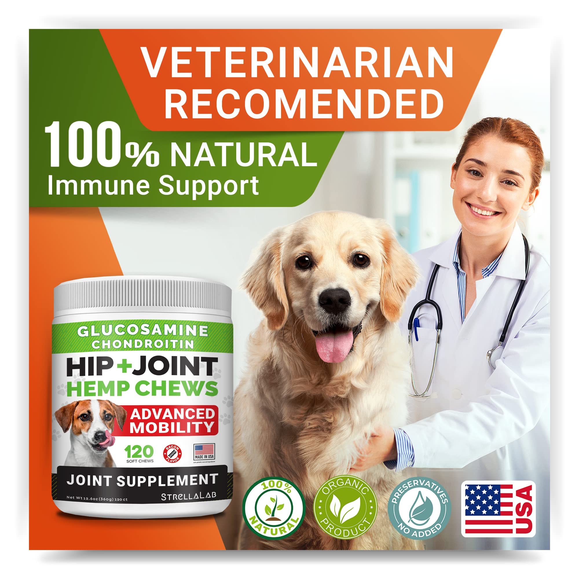 STRELLALAB daily wellness dog joint chews image suggesting regular use benefits.