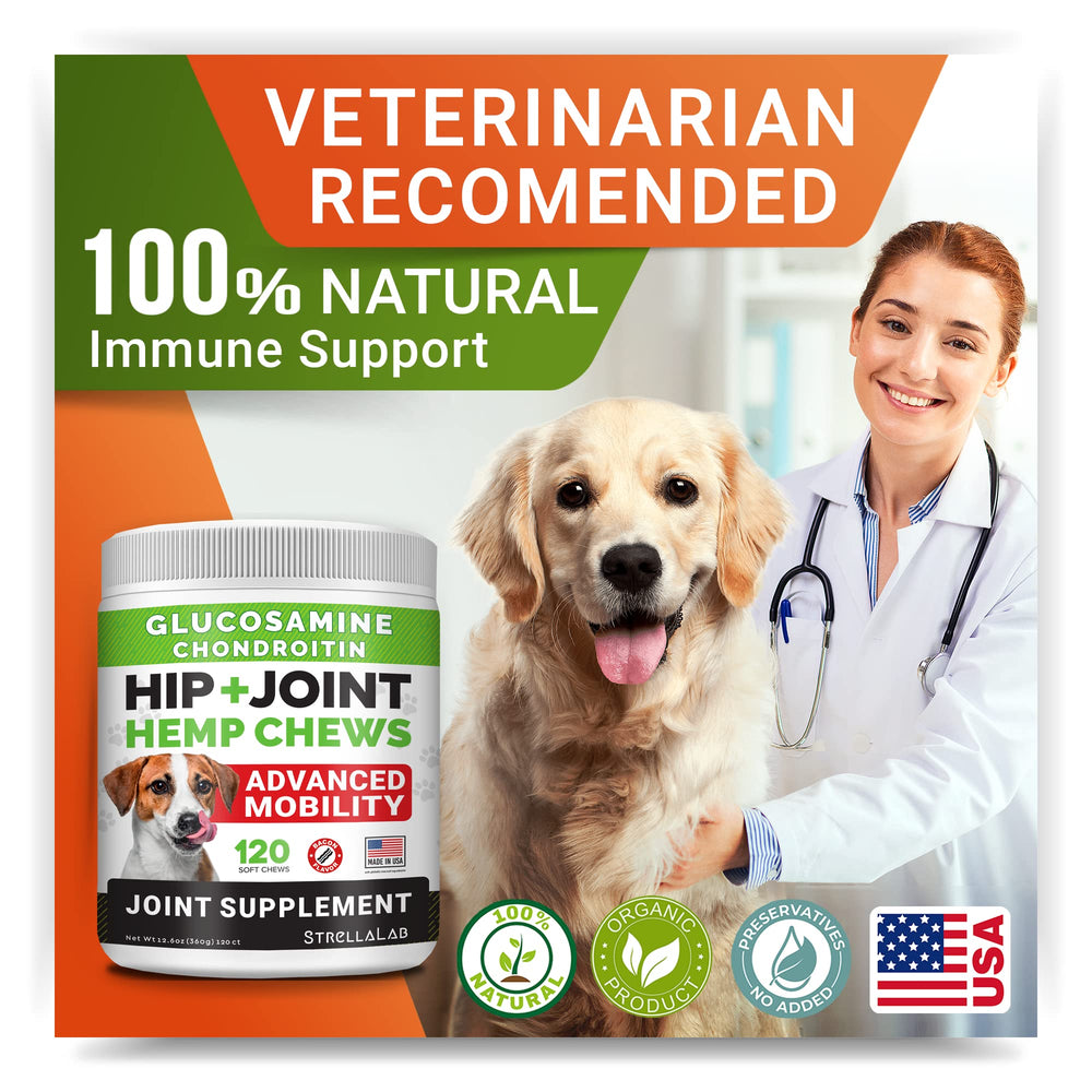 STRELLALAB daily wellness dog joint chews image suggesting regular use benefits.