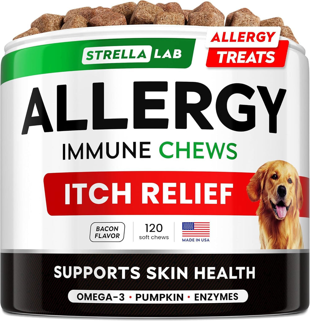 STRELLALAB dog allergy relief chews bottle with easy-to-chew bites for daily use.