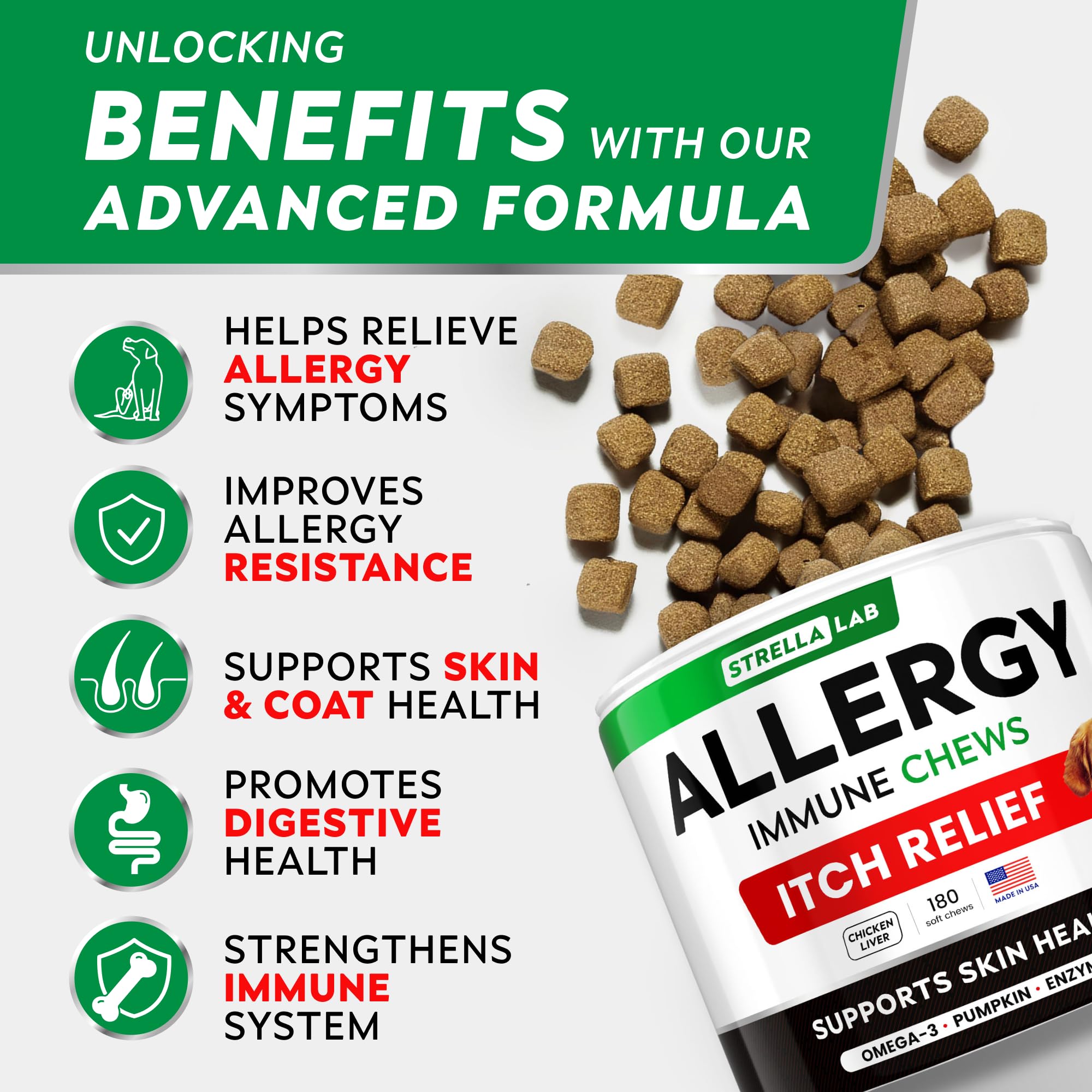 STRELLALAB dog allergy relief chews bottle close-up highlights ingredients