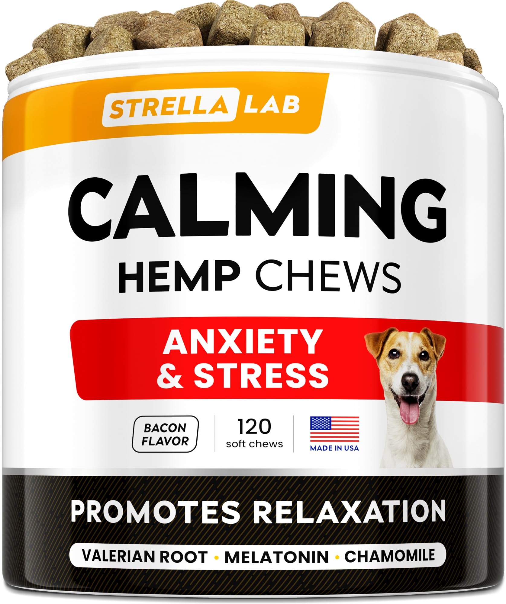 STRELLALAB hemp calming chews for dogs – close-up of chews reducing canine anxiety