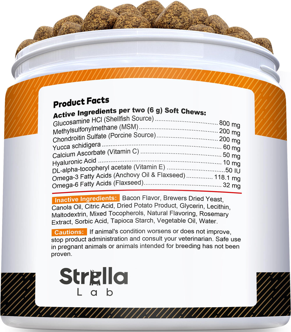 STRELLALAB glucosamine chondroitin chew closeup emphasizes bite-sized support.