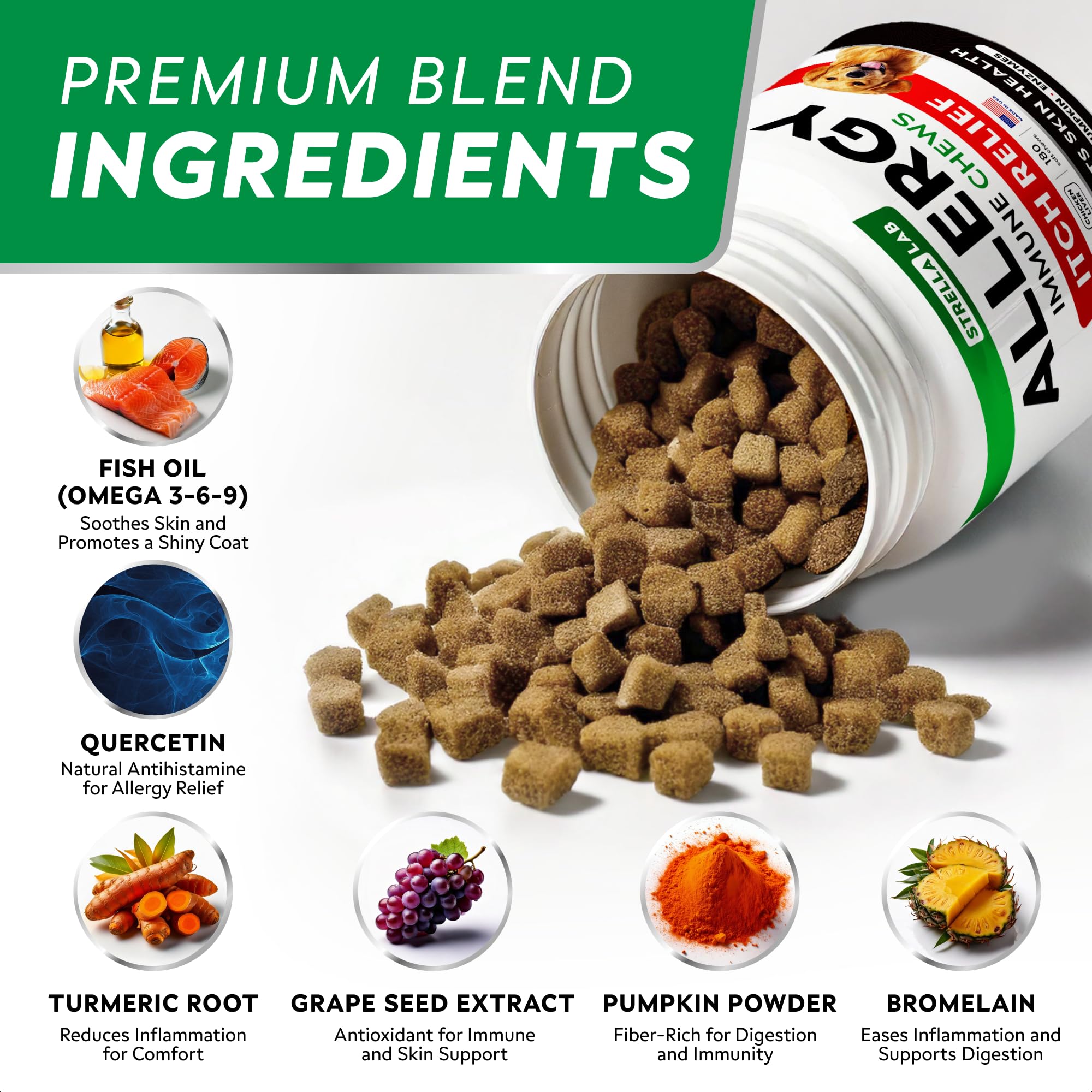 STRELLALAB dog itch relief chews close-up shows texture and flavor