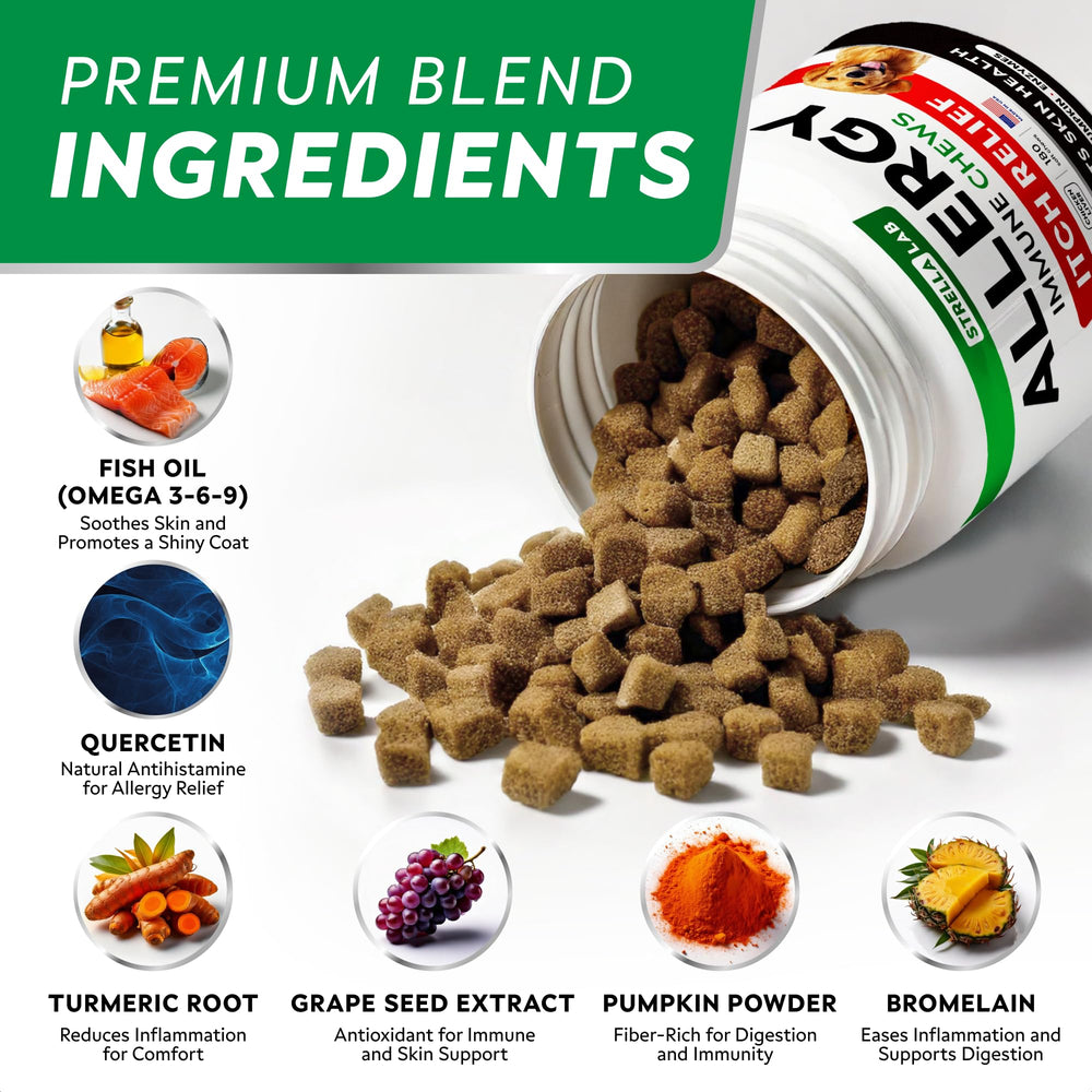 STRELLALAB dog itch relief chews close-up shows texture and flavor