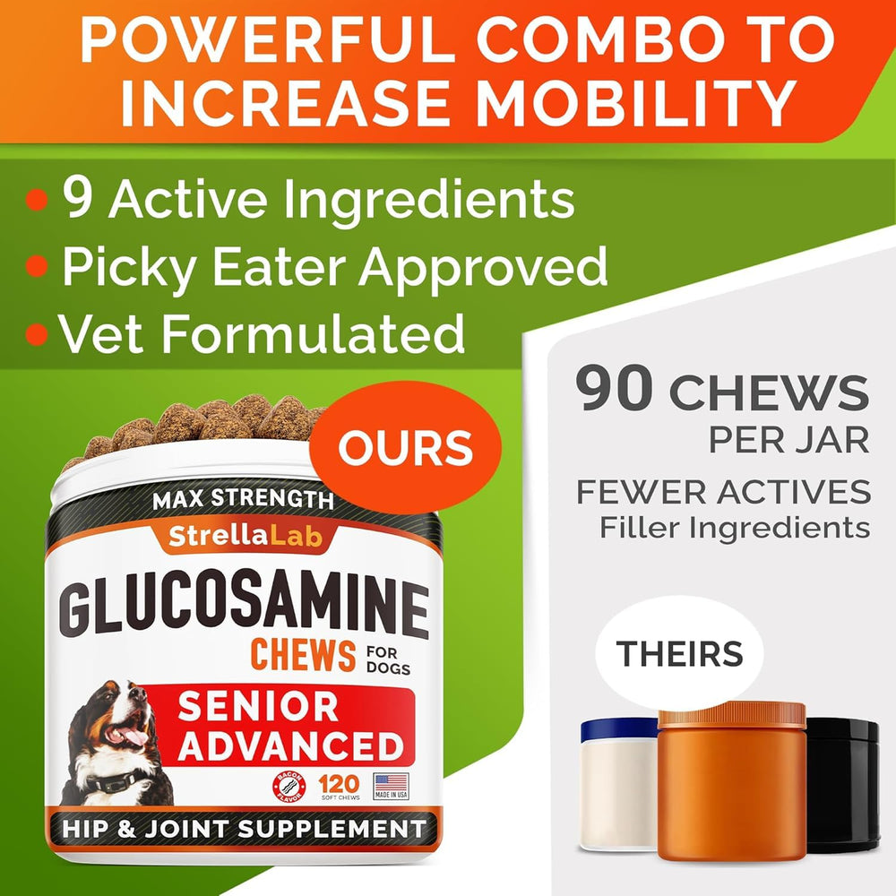 STRELLALAB dog pain-relief chews closeup highlighting anti-inflammatory support.