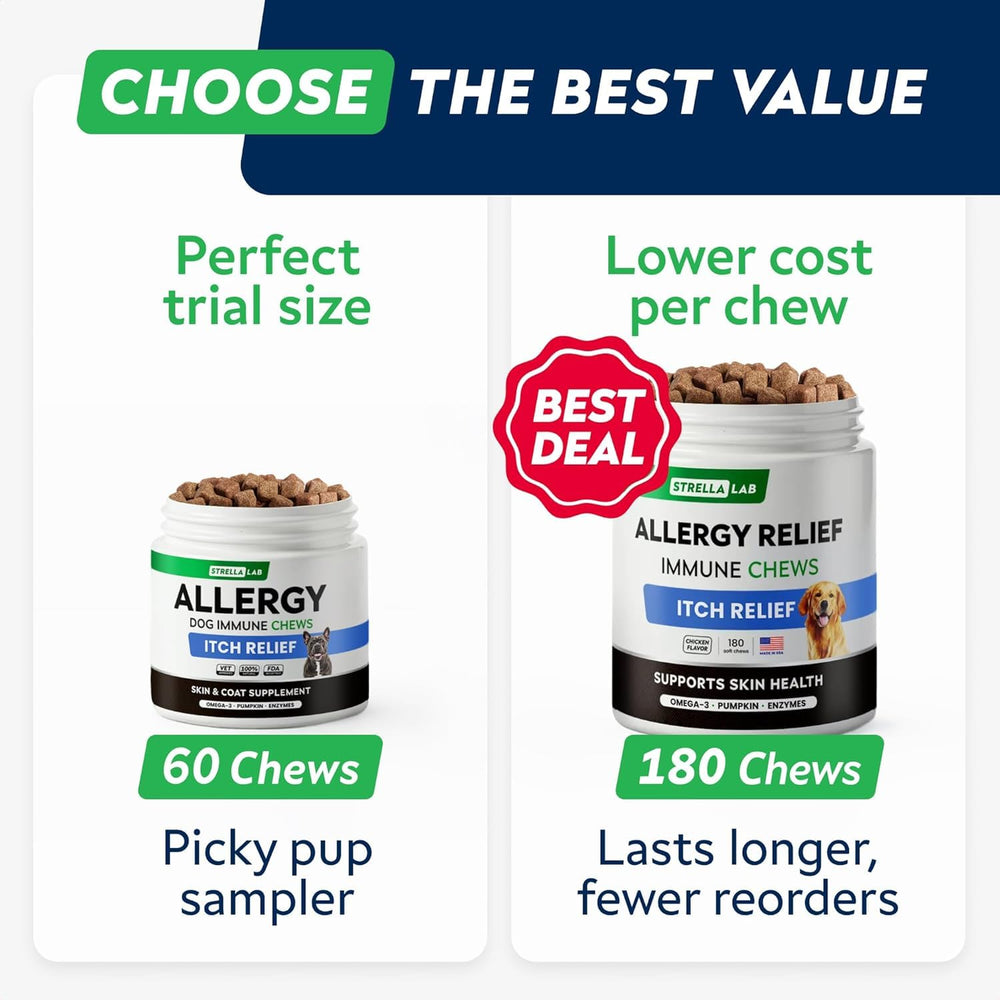 STRELLALAB dog skin-coat support chews; promotes healthy coat.