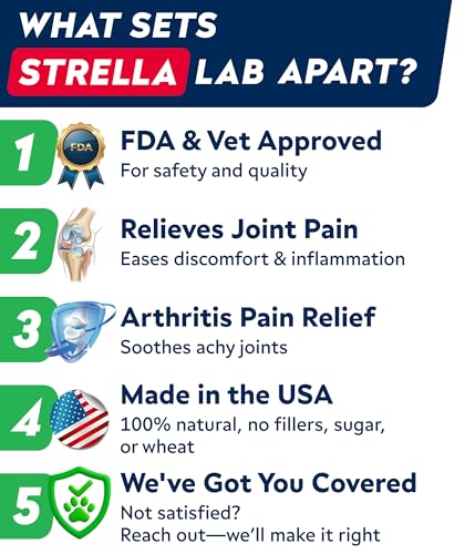 STRELLALAB dog joint supplement bottle and chews on display
